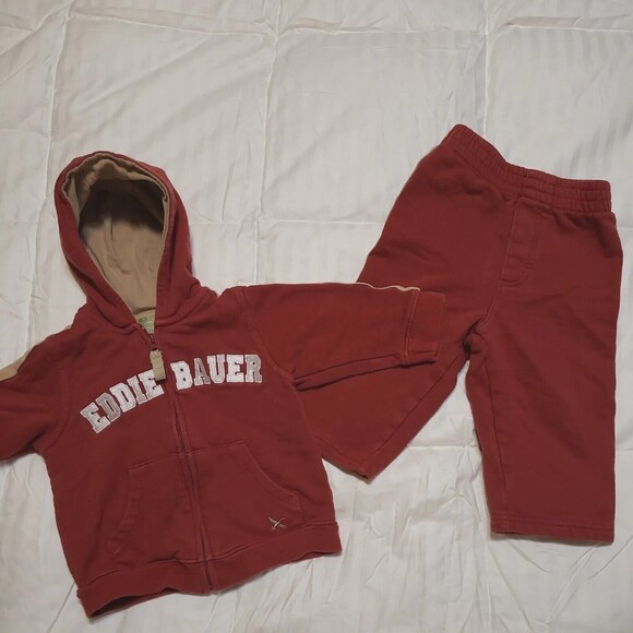 Eddie Bauer Baby Red Tan Two piece Track Suit Set 12 Months - Picture 2 of 10